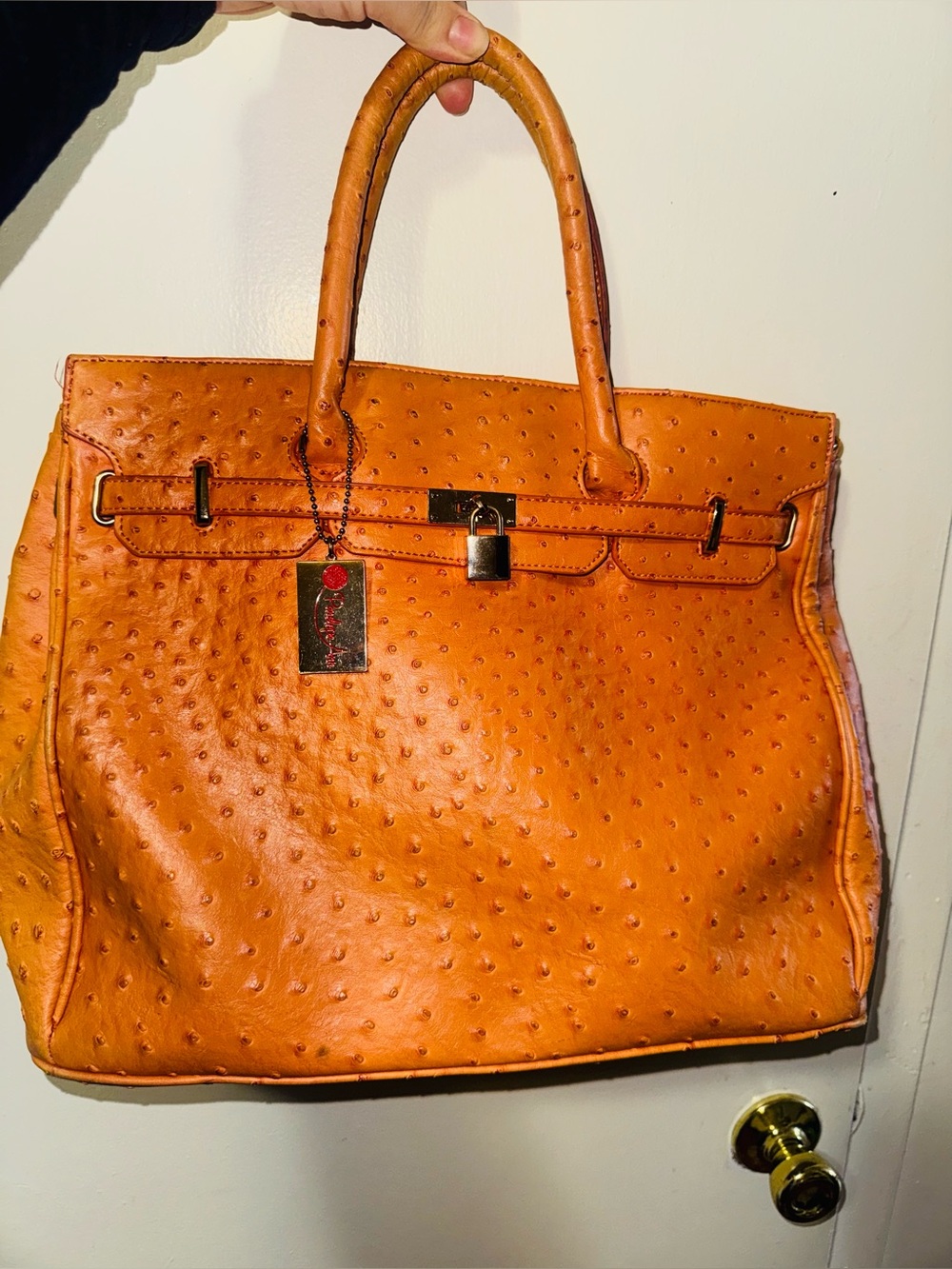 Penelope Ann Orange Ostrich Embossed Large Satchel handbag